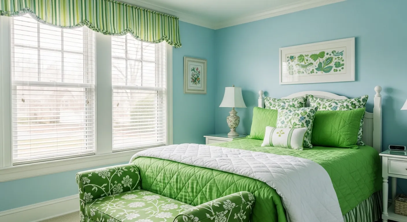 A Serene Bedroom With Light Blue Walls and Vibrant Green and White Accents