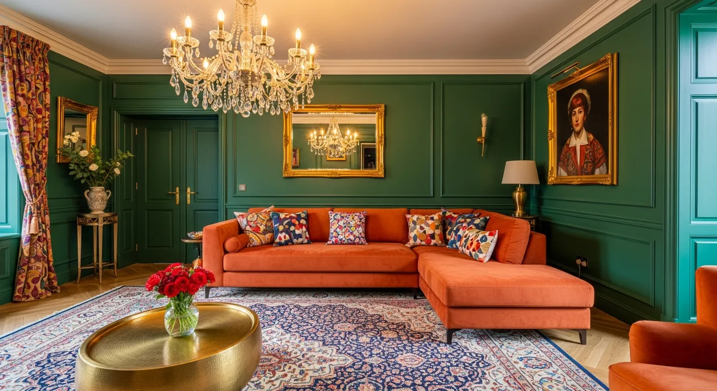 Emerald Green Paneled Walls Frame a Vibrant Burnt Orange L-shaped Sectional Sofa Adorned With Colorful Patterned Pillows