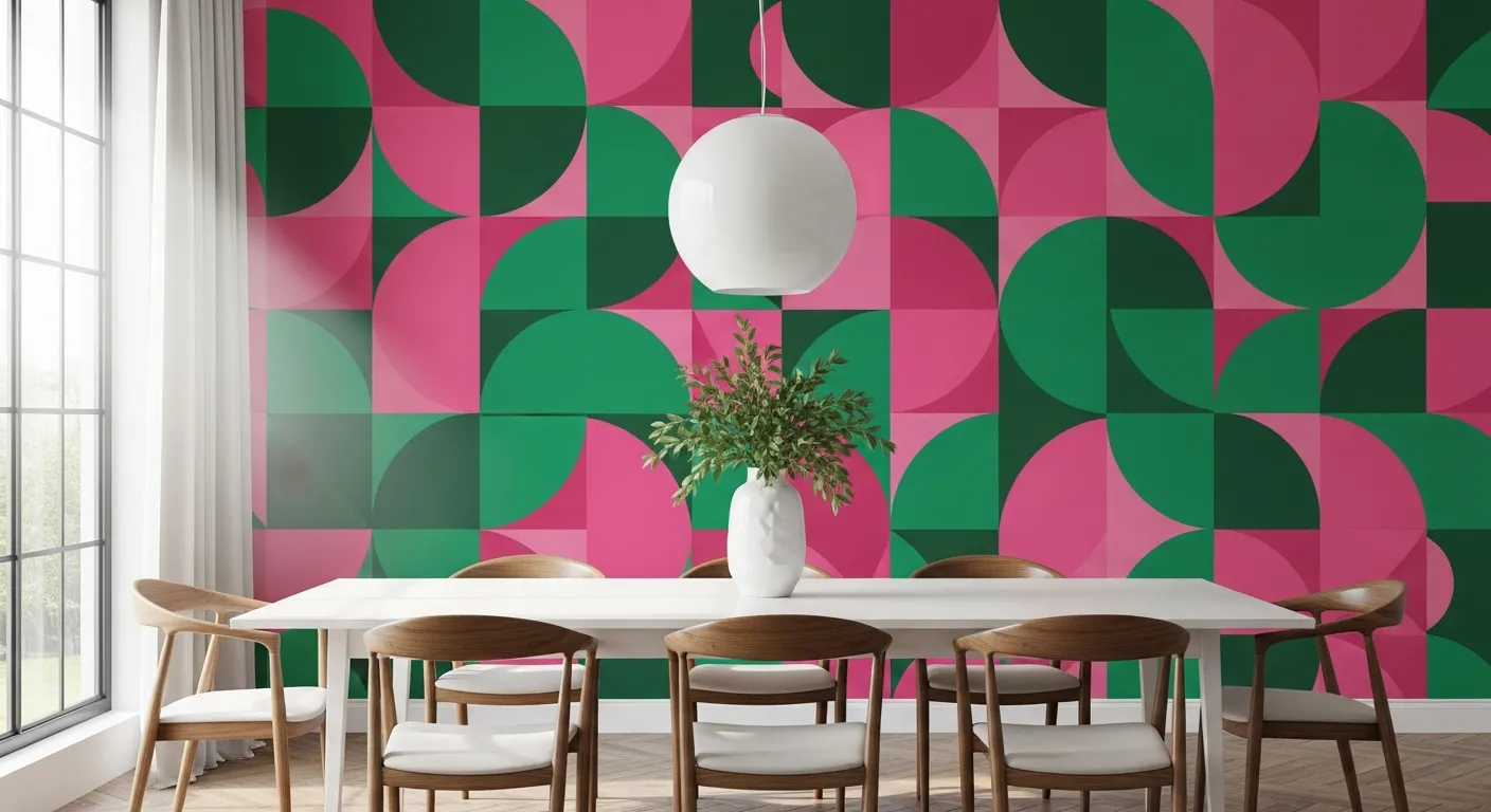 A Vibrant Geometric Wallpaper Featuring Interlocking Large Pink and Emerald Green Semi-circles.