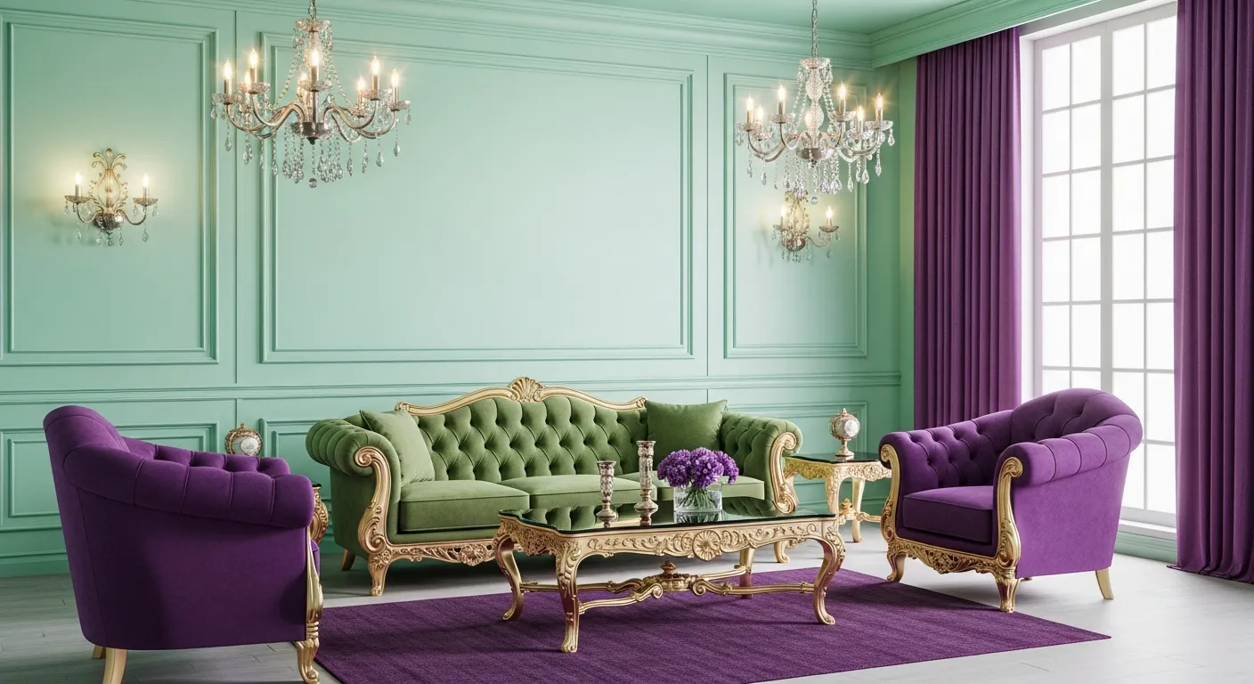 A Tufted Green Velvet Sofa With Gold Trim is Centered Between Two Purple Velvet Armchairs