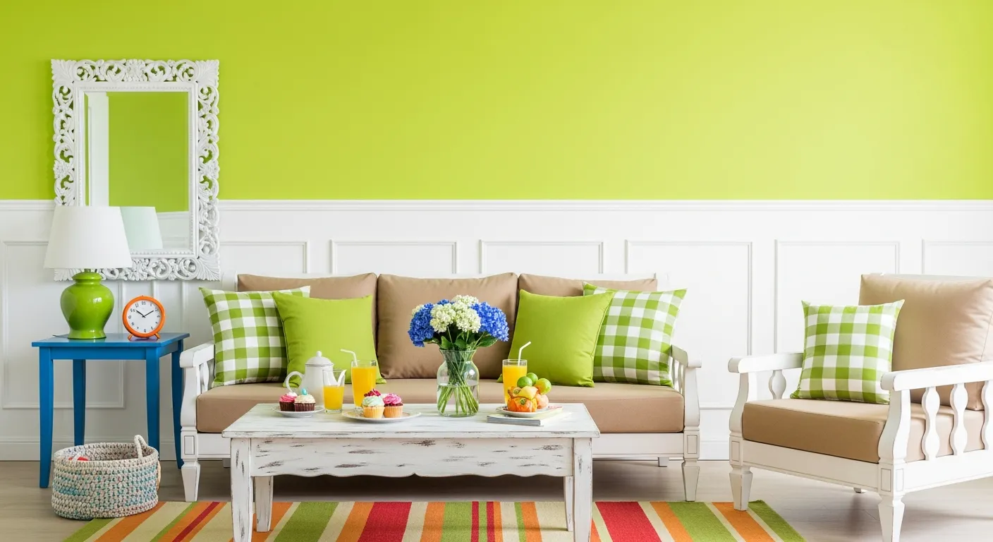 A White Ornate Mirror Hangs on the Left Wall Above a Green Ceramic Lamp on a Small Blue Table