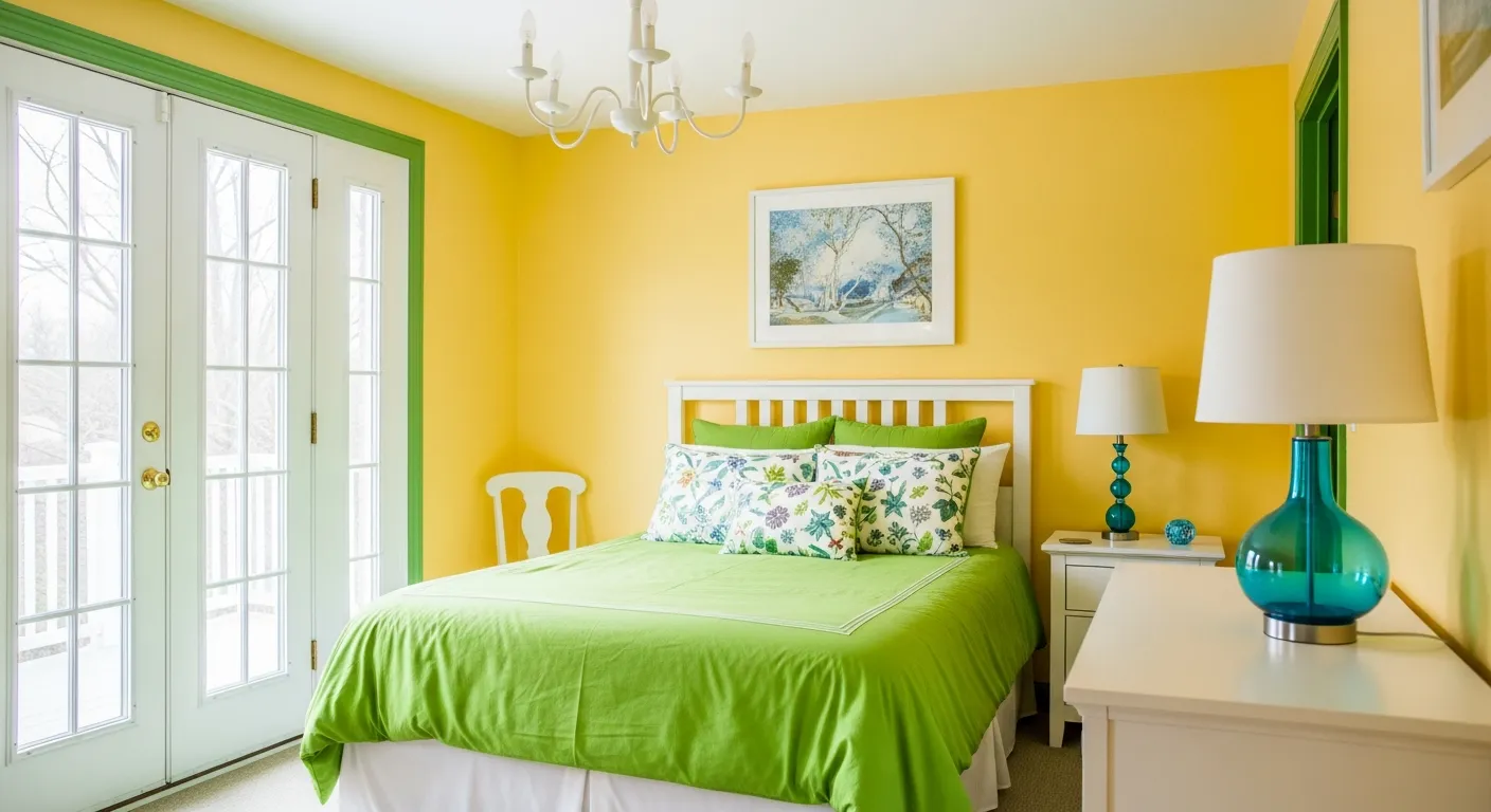 A Cozy Bedroom Interior With Bright Yellow Walls, a Bed Featuring Bright Green Bedding and Patterned Pillow