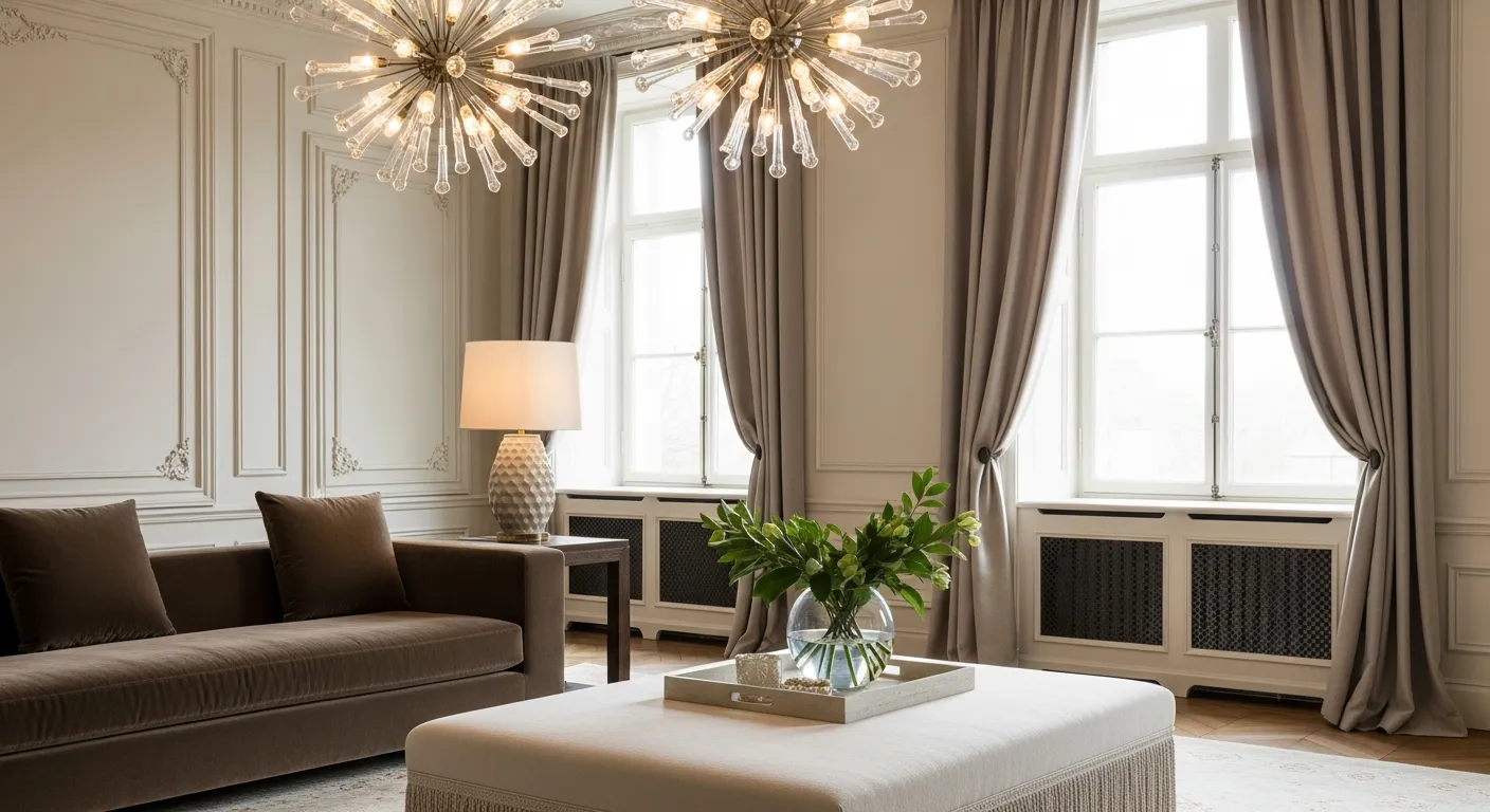 A Tall Window With White Frames, Partially Obscured by Elegant, Flowing Greige Curtains