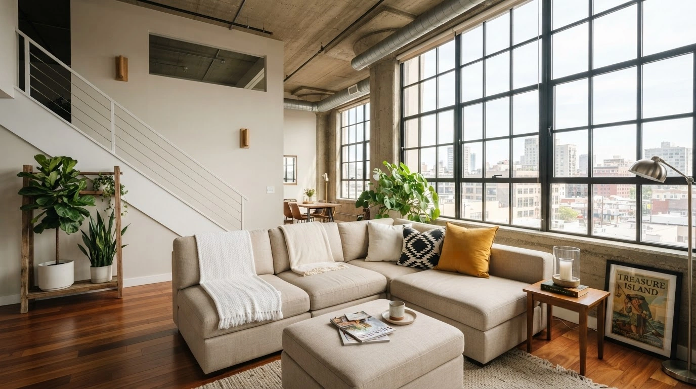 A Comfortable Greige Modular Sectional Sofa is Arranged in an L-shape, Featuring Various Light-colored Throw Blankets