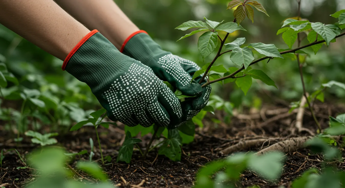 Hands Carefully Pulling Poison Ivy From a Lush Garden Hands Carefully Pulling Poison Ivy From a Lush Garden