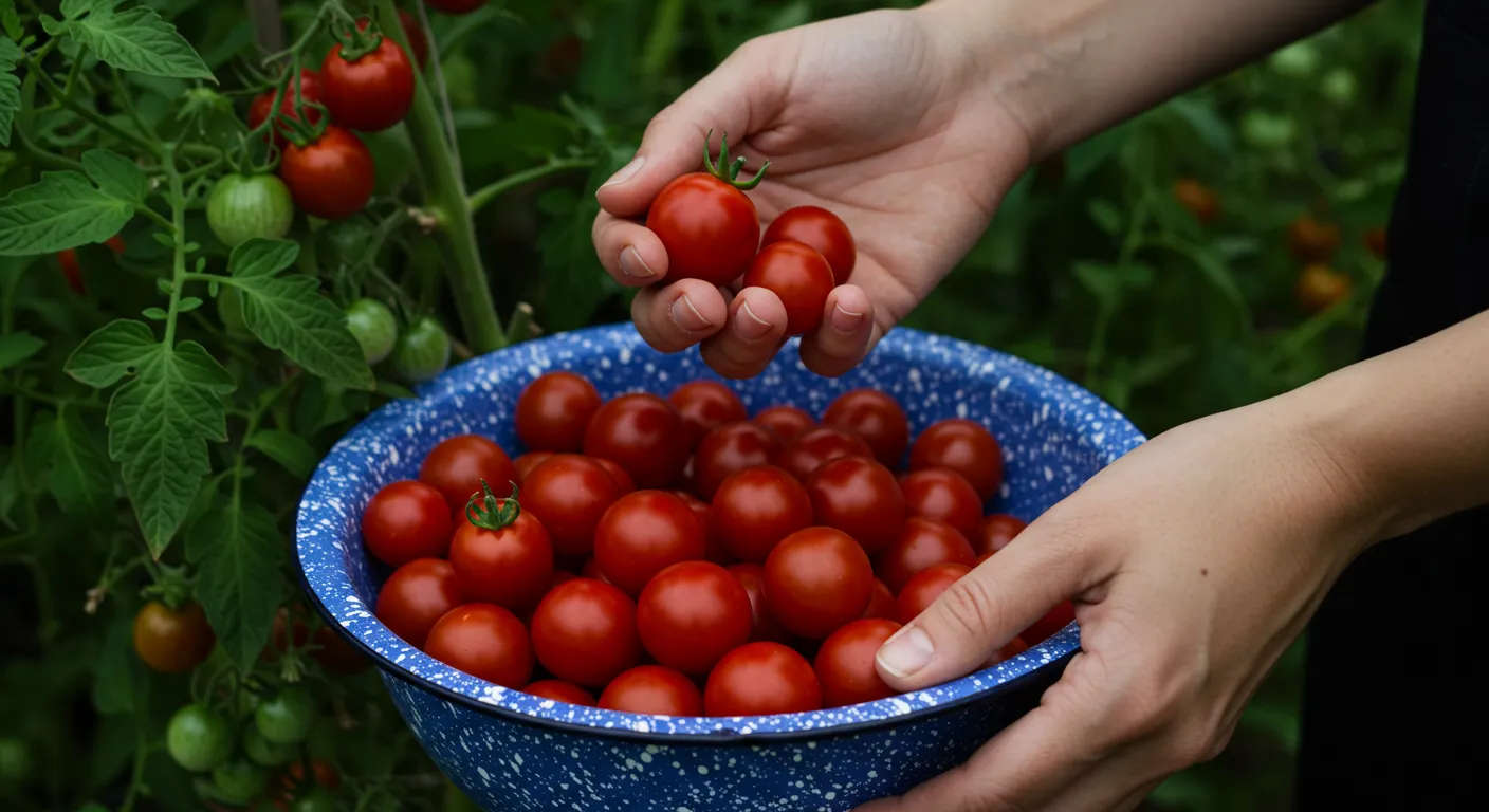 Hands Harvesting Ripe Red Tomatoes Into a Blue Speckled Bowl Hands Harvesting Ripe Red Tomatoes Into a Blue Speckled Bowl