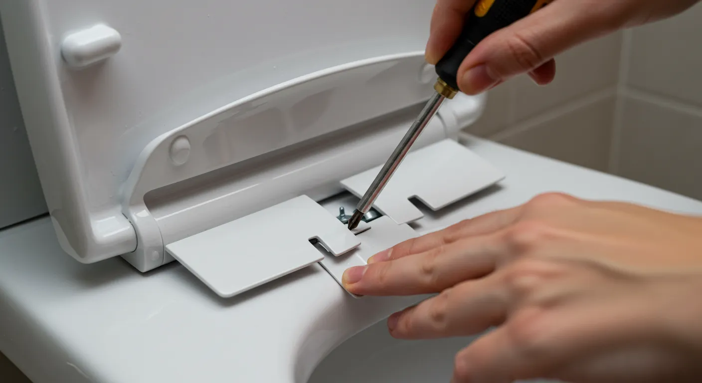 Hands Unscrewing Plastic Screws on a White Toilet Lid Hands Unscrewing Plastic Screws on a White Toilet Lid
