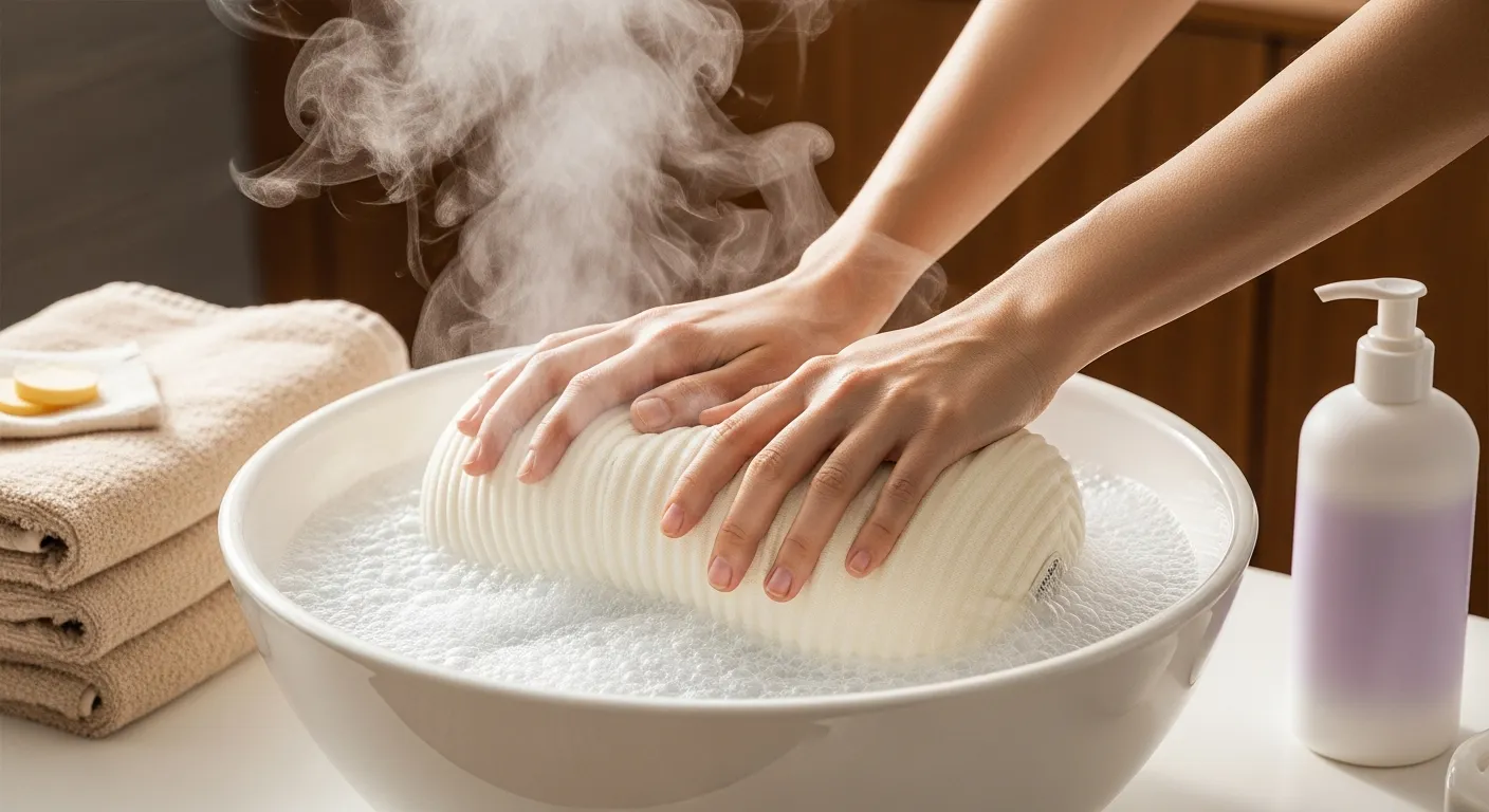 A Women Gently Pressing a Cream-colored, Ribbed Pillow Into a White Basin Filled With Bubbly Hot Water
