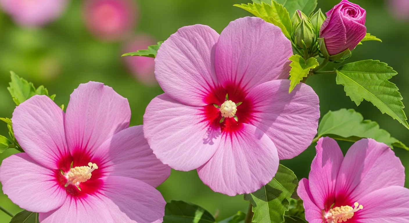 Multiple Vibrant Pink Hibiscus Flowers in Full Bloom and Bud