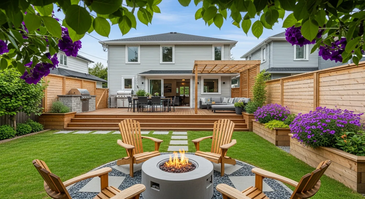 A Circular Concrete Fire Pit With Four Wooden Adirondack Chairs, Resting on Gray Stepping Stones With Dark Pebbles