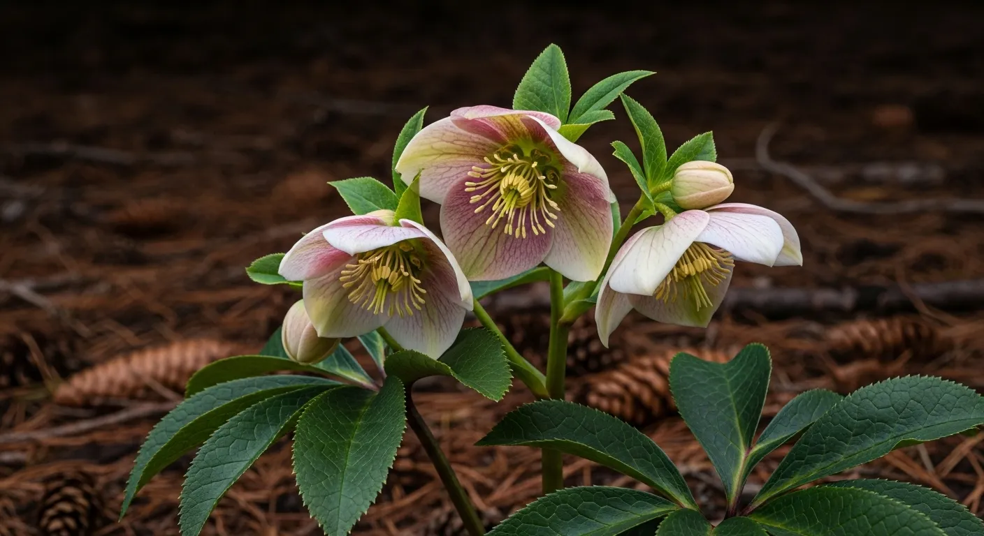 Helleborus Orientalis, the Lenten Rose, Blooming Under Pine Trees Helleborus Orientalis, the Lenten Rose, Blooming Under Pine Trees