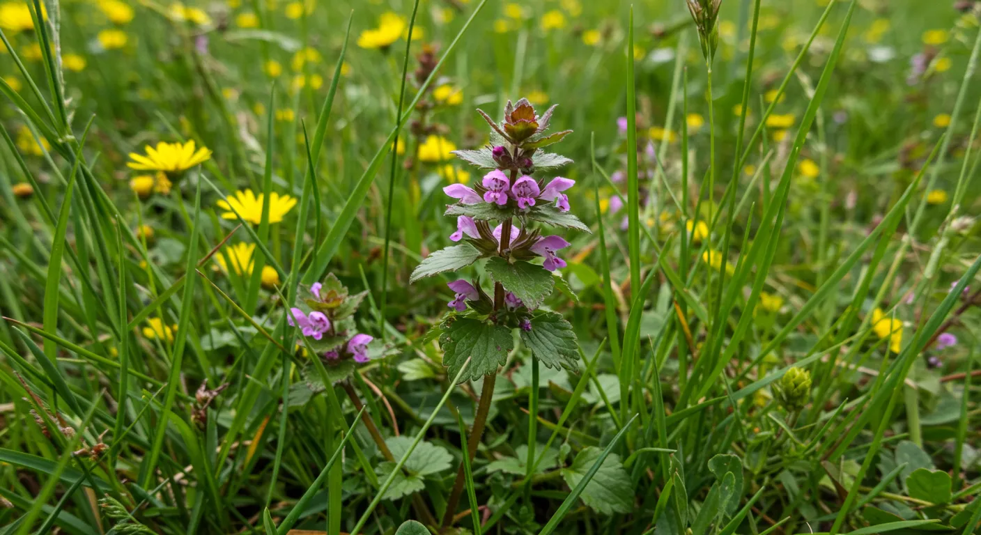 Henbit Heart-Shaped Leaves And Purple Flowers. Henbit Heart-Shaped Leaves And Purple Flowers.
