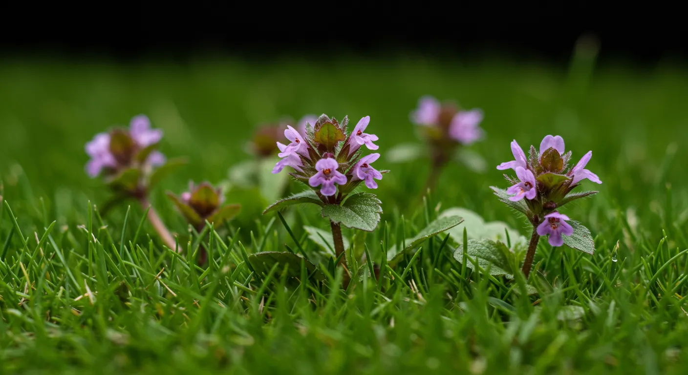 Henbit Weeds Invading a Vibrant Green Lawn Henbit Weeds Invading a Vibrant Green Lawn