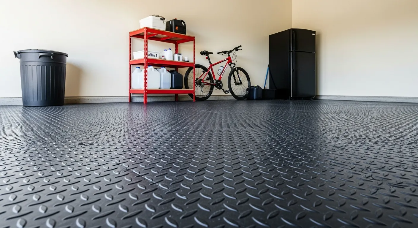 A Vast Dark Gray Diamond Plate Textured Floor Stretching From the Foreground to the Back Wall