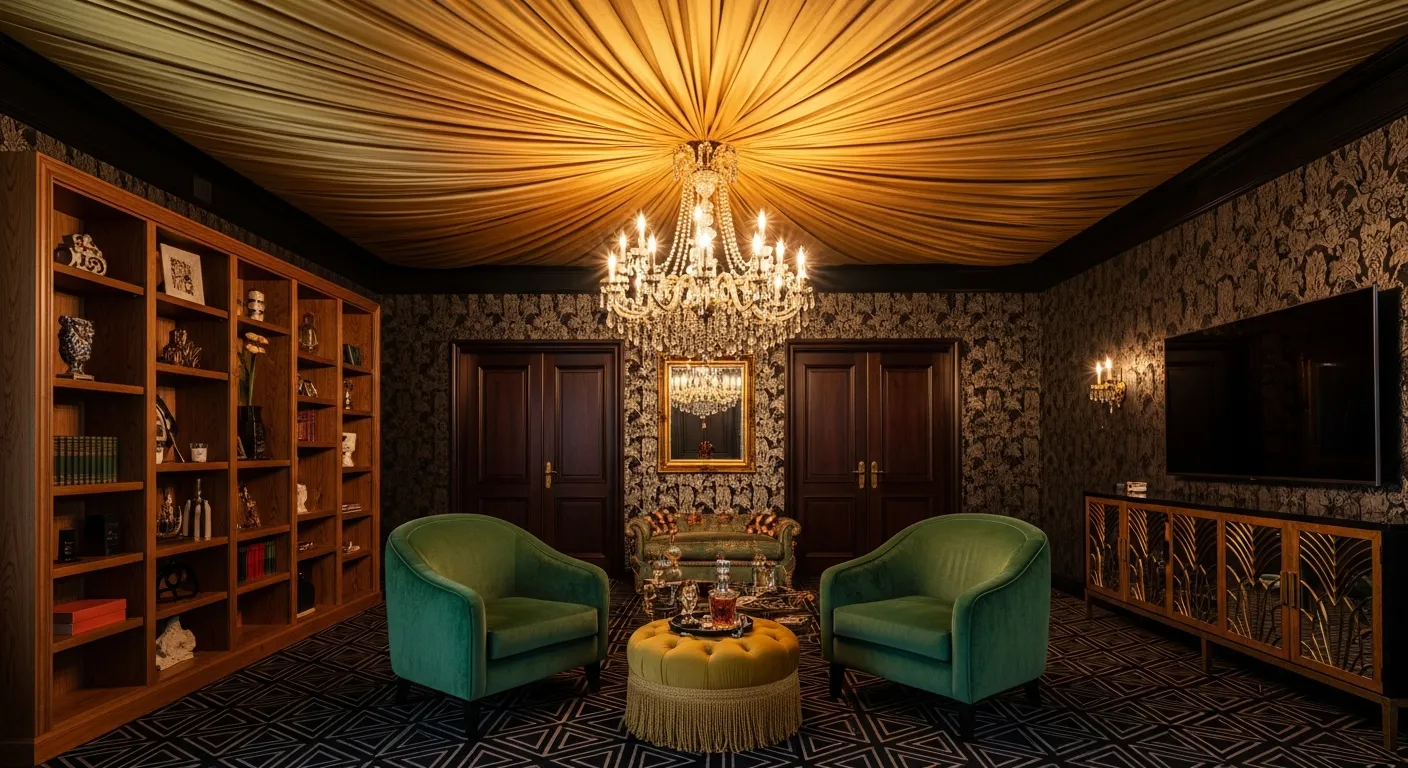 Two Plush Emerald Green Velvet Armchairs With a Fringed Gold Velvet Ottoman and a Small Decanter Between Them