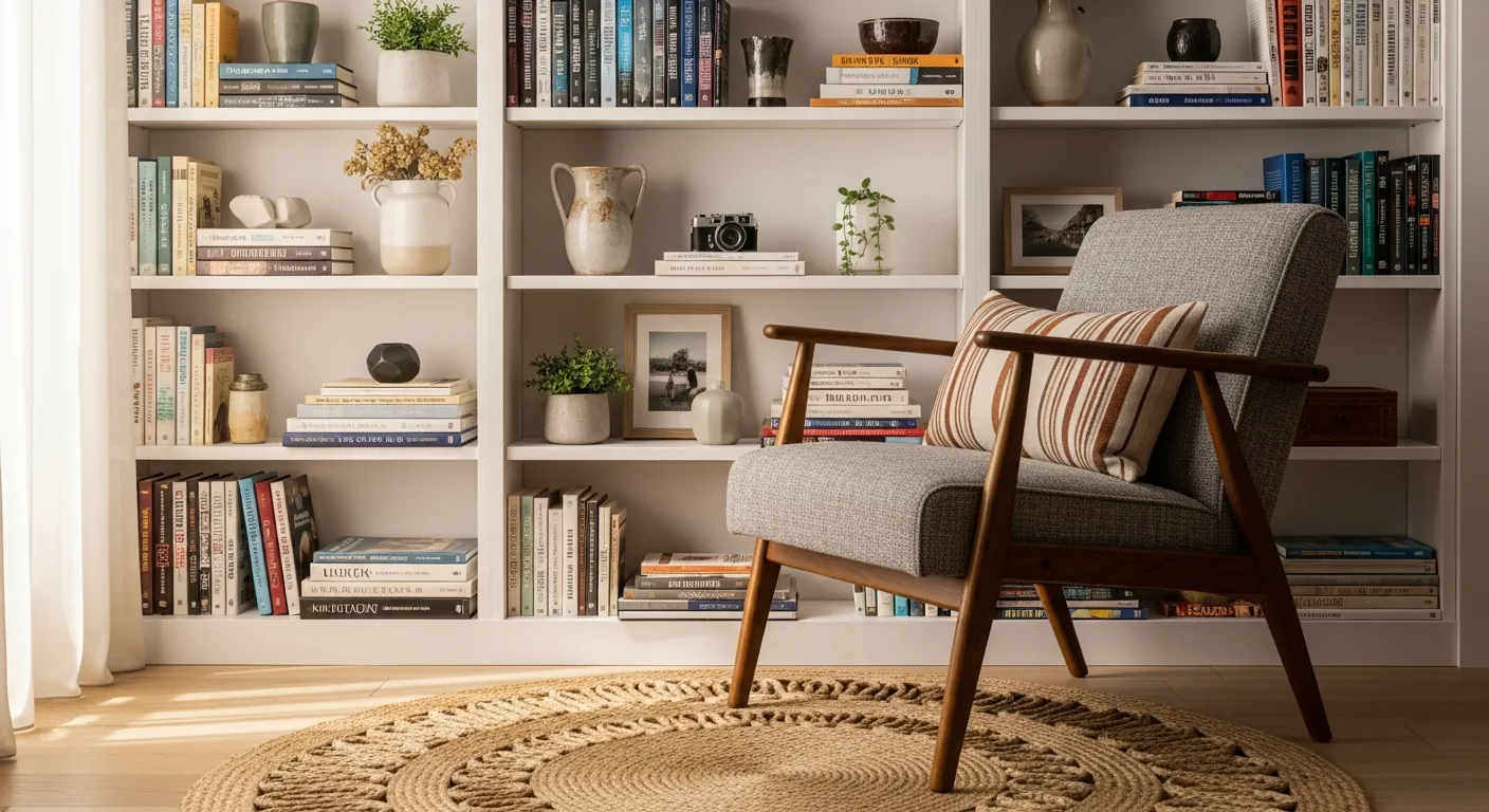 A Cozy Living Room Nook Featuring White Built-in Bookshelves Filled With an Eclectic Mix of Books and Decorative Objects