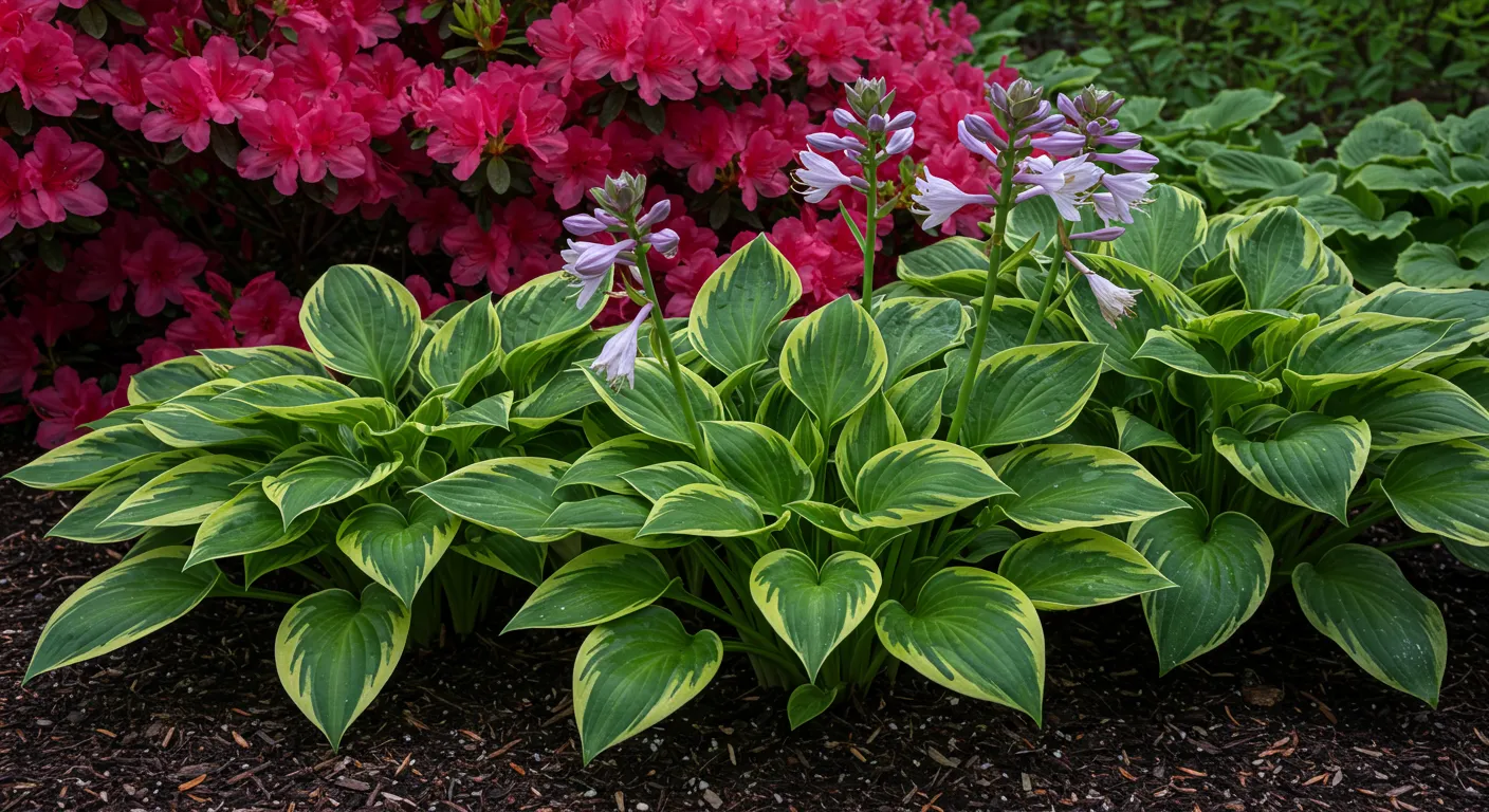 Hostas Flourishing Beneath Blooming Azalea Hostas Flourishing Beneath Blooming Azalea