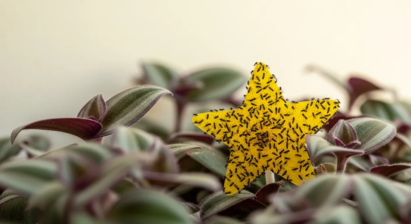A Vibrant Yellow, Star-shaped Sticky Trap, Heavily Covered With Numerous Tiny Black Fungus Gnats