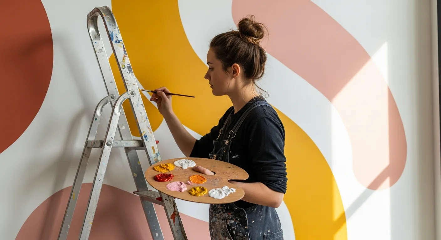 A Artist Standing on a Silver Step Ladder, Painting Abstract Organic Shapes on a Wall With a Color Palette in Her Hand
