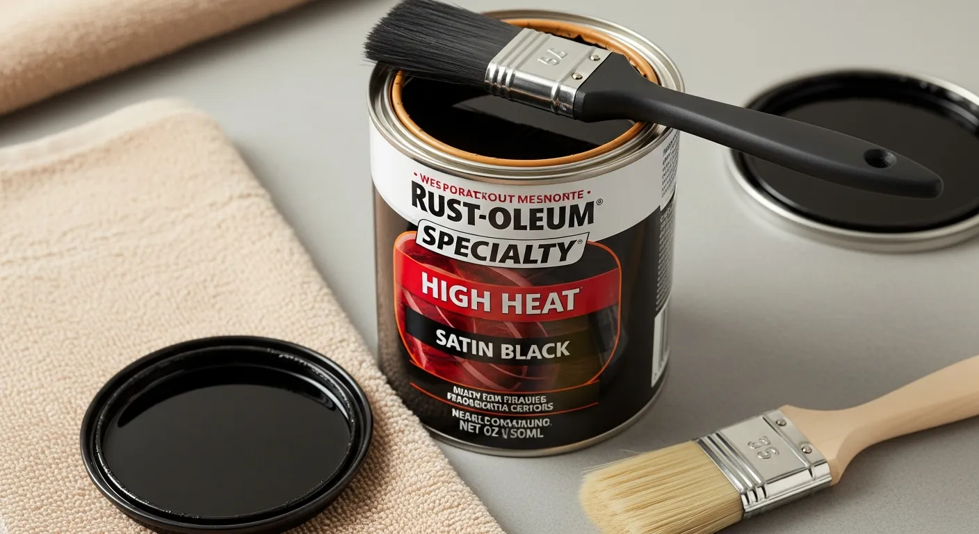 An Open Can of Rust-oleum Specialty High Heat Satin Black Paint, With a Black Brush Resting on Its Rim