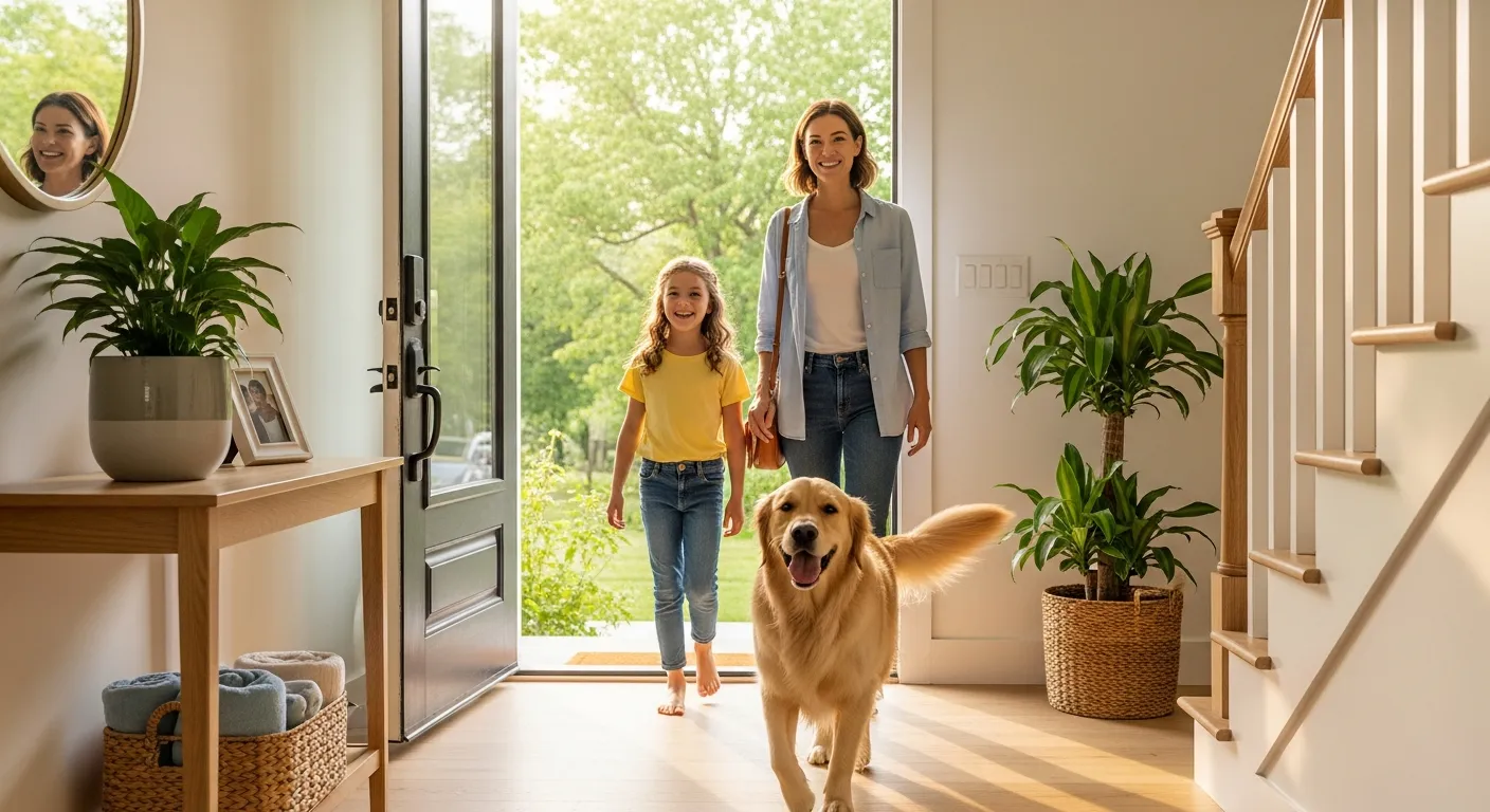 A Young Mother, Her Daughter, and Their Dog, Walking From Outside Into the Bright, Warm Entryway 