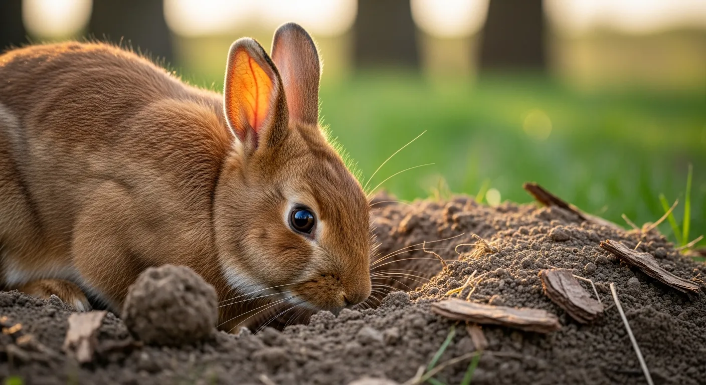 A Wild Reddish-brown Rabbit With Soft, Fluffy Fur, Actively Digging a Hole Into a Mound of Fresh Soil
