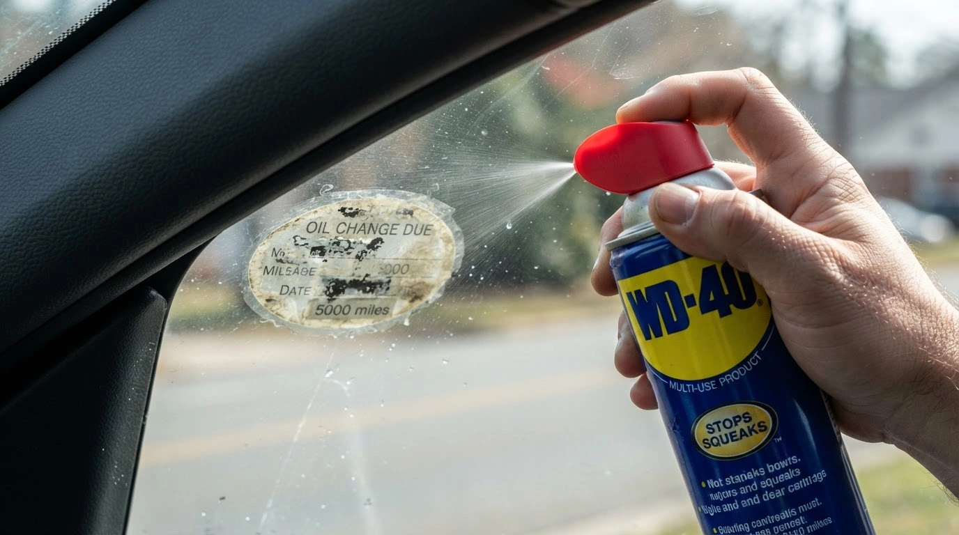 A Vibrant Blue and Yellow Wd-40 Aerosol Can Releasing a Fine, Visible Mist Towards an Oval-shaped, Translucent Sticker