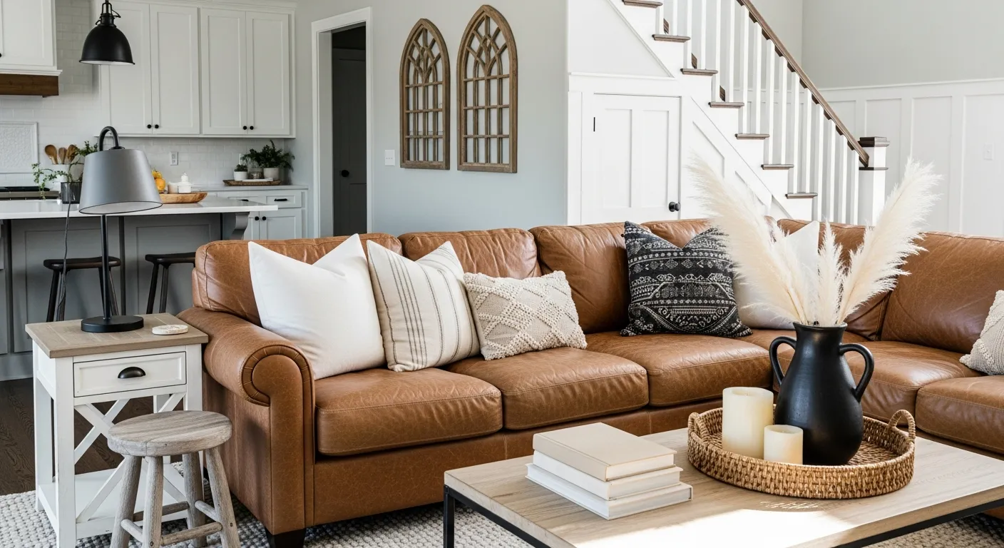 The Sofa Features Rolled Arms and Deep Cushioning, Adorned With a Collection of Throw Pillows