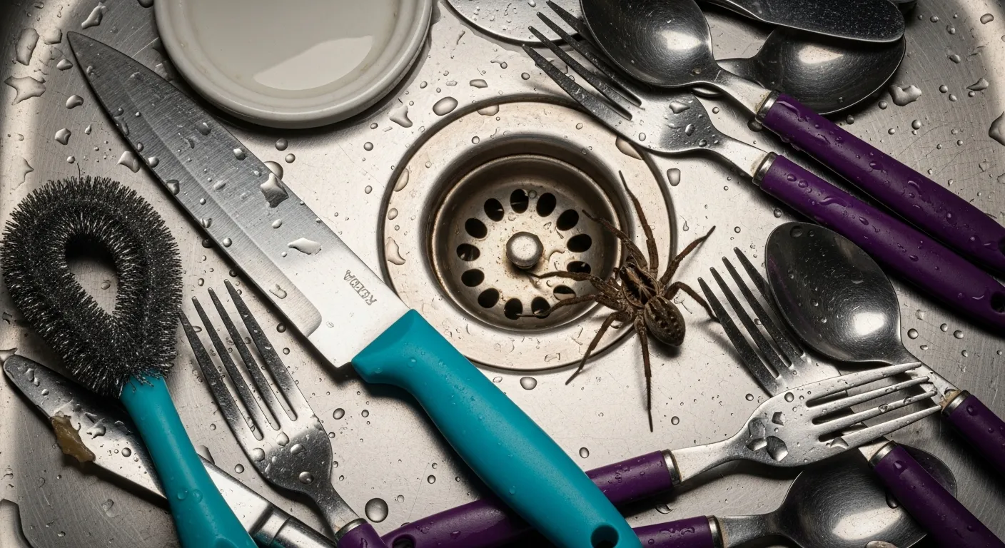 A Common House Spider, Near the Drain in a Used Stainless Steel Kitchen Sink