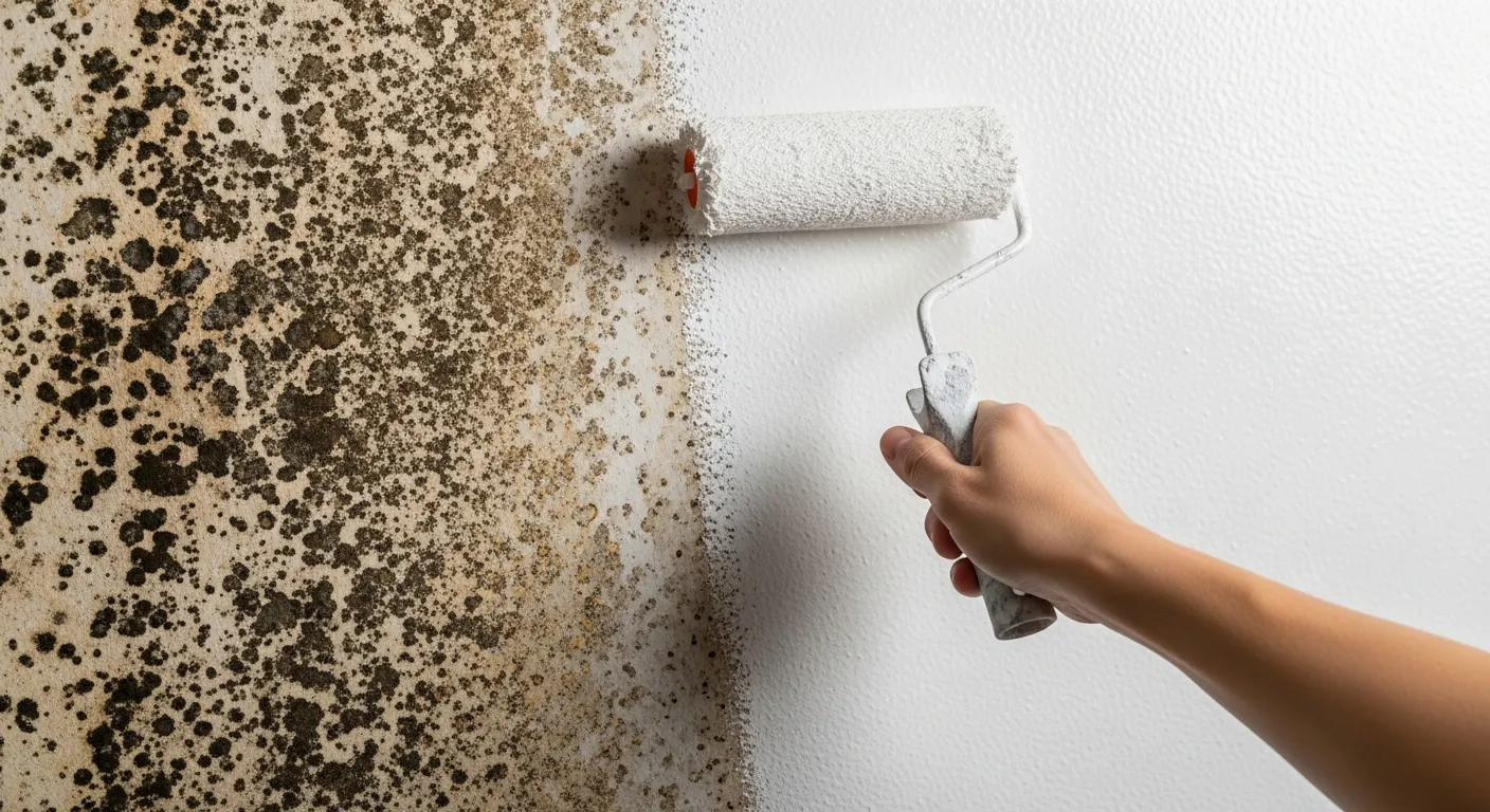 A Person Painting a Severely Stained With Dark, Irregular Mold Patches