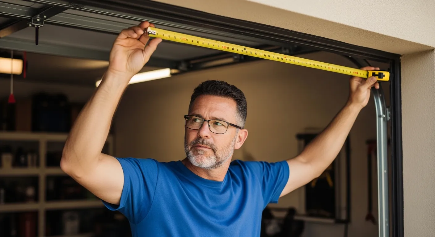 A Man Meticulously Measuring a Garage Door Opening With a Yellow Tape Measure
