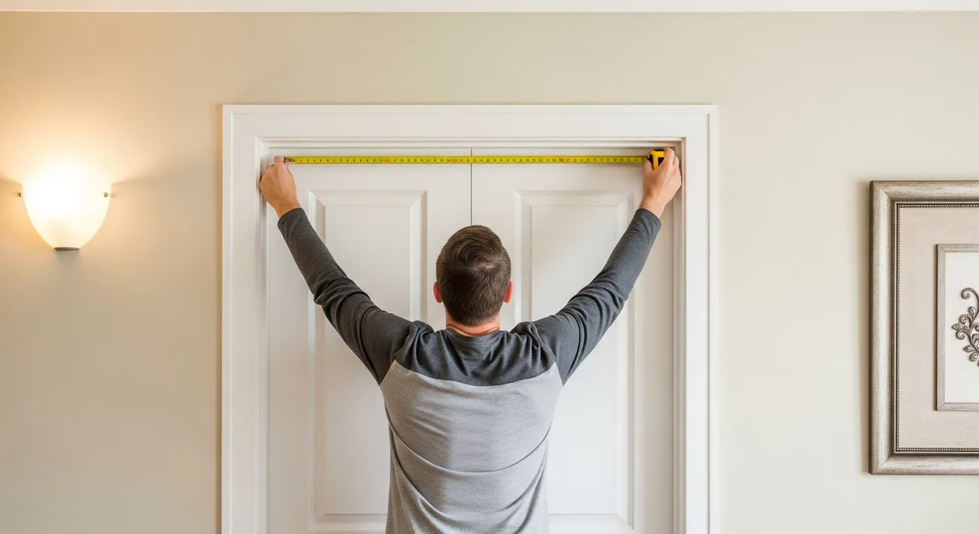 A Man, Actively Measuring the Width of a White Two-panel Door Frame With a Yellow Tape Measure