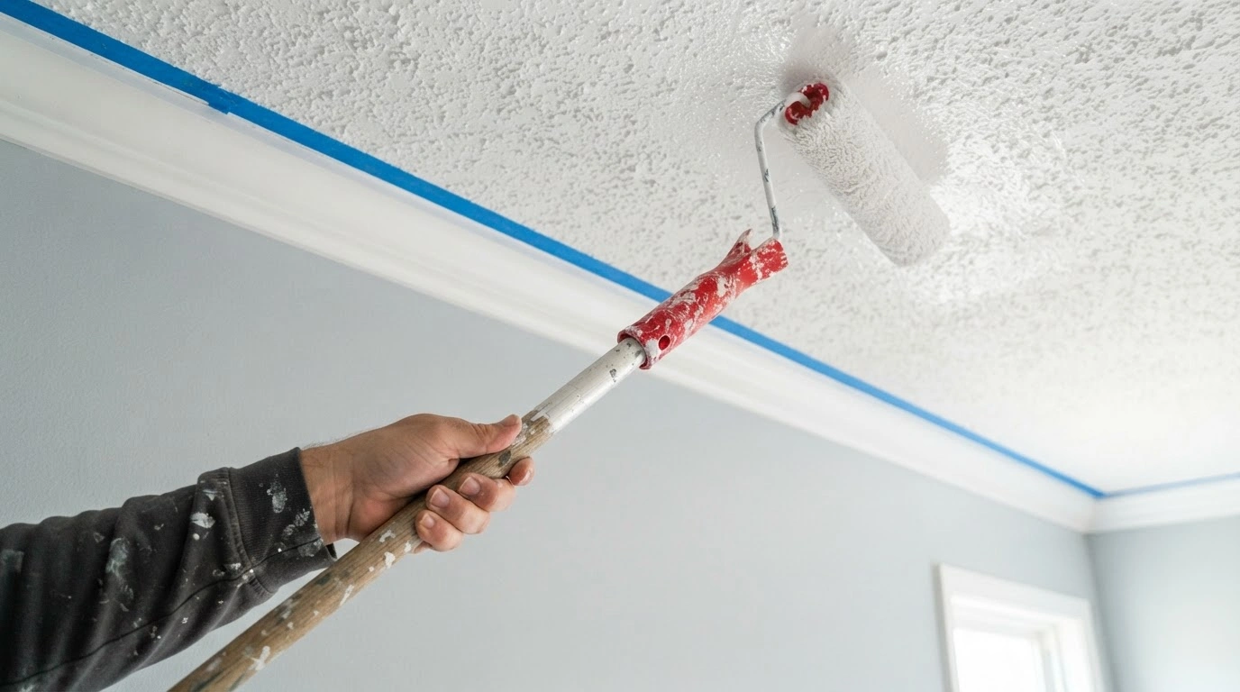 A Paint Roller That is Actively Applying Fresh White Paint to a Textured 'popcorn' Ceiling