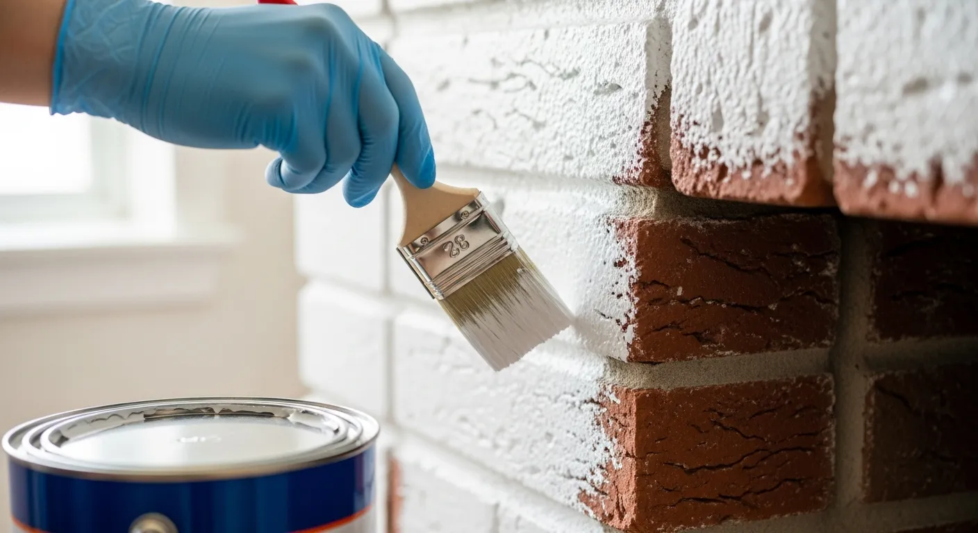 A Gloved Hand Painting a Brick Fireplace White With a Paintbrush