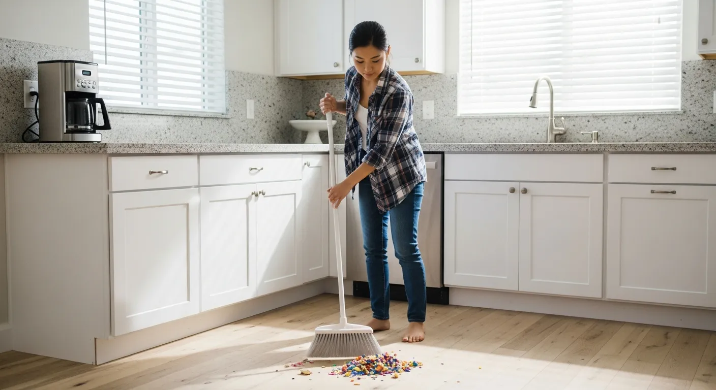 A Woman Sweeping a Light Wooden Kitchen Floor With a White Broom