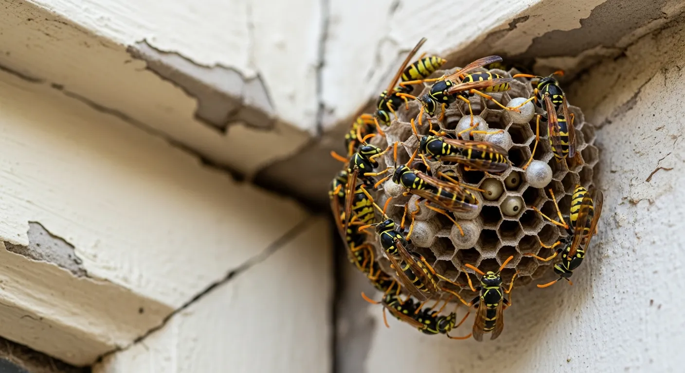 A Bustling European Paper Wasp (Polistes Dominula) Nest, Firmly Attached to a Weathered, Textured, Off-white Building Corner