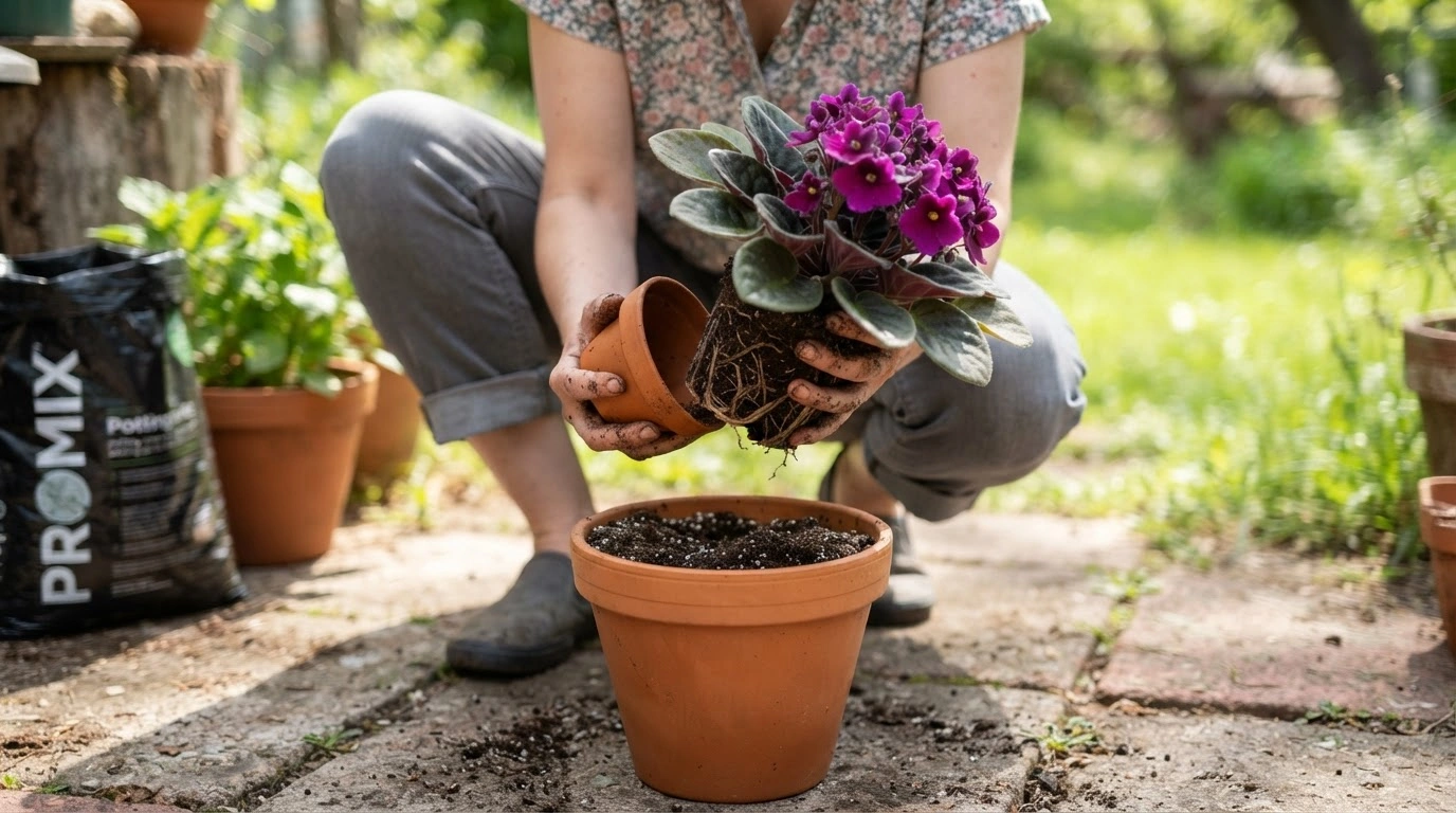 Person Hands Are Carefully Engaged in Transplanting a Vibrant African Violet Plant