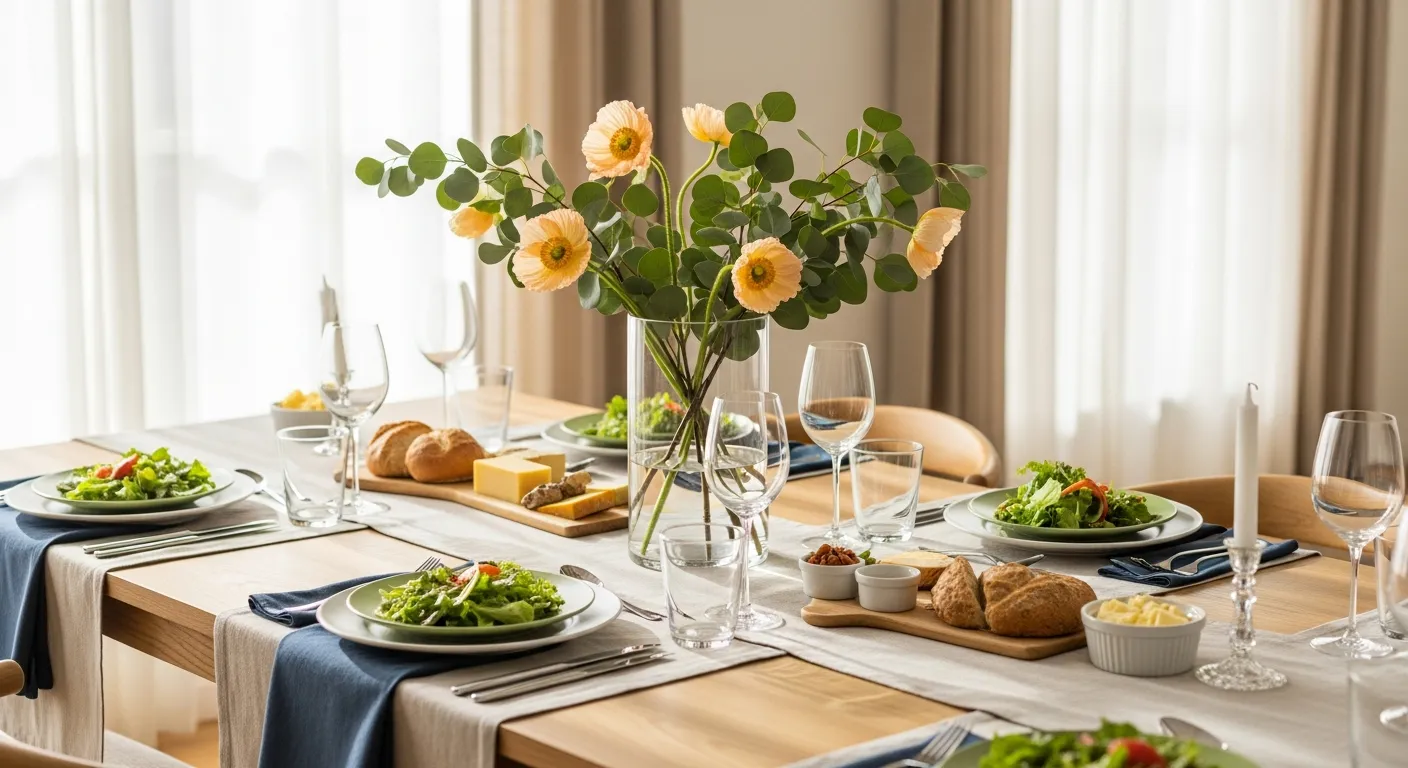  Light Beige Linen Table Runners, White Plates With Green Salad Plates, Dark Blue Napkins, and Clear Water Glasses Are Arranged