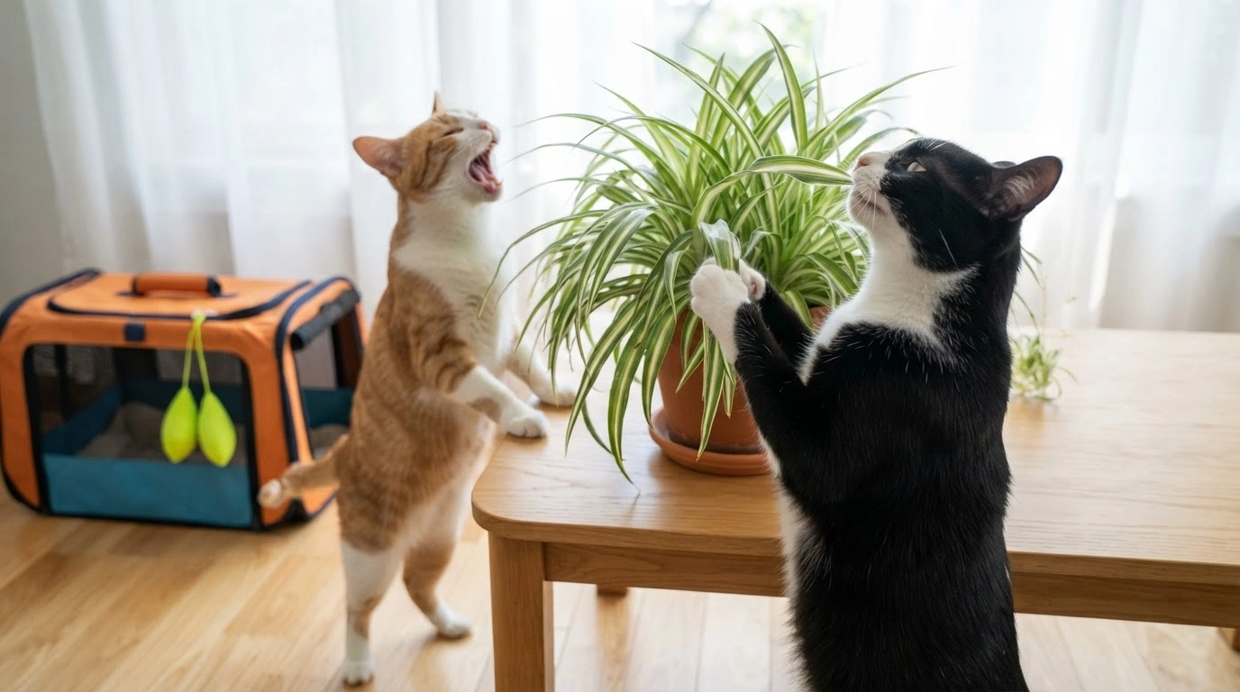 Two Domestic Cats Playfully Engaging With a Vibrant Spider Plant