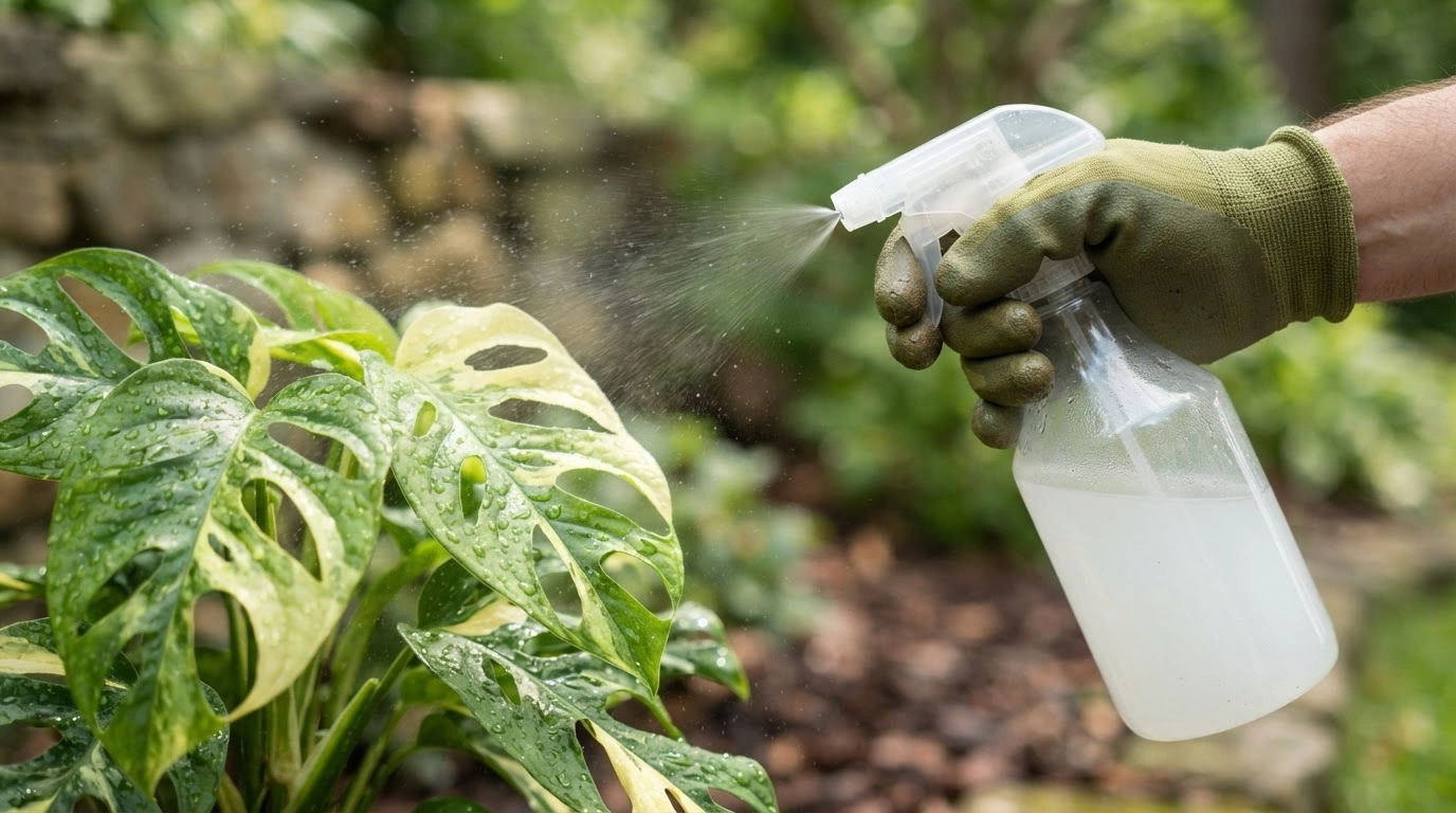 A Hand, Encased in a Textured Olive Green Gardening Glove, Operates a Transparent Plastic Spray Bottle