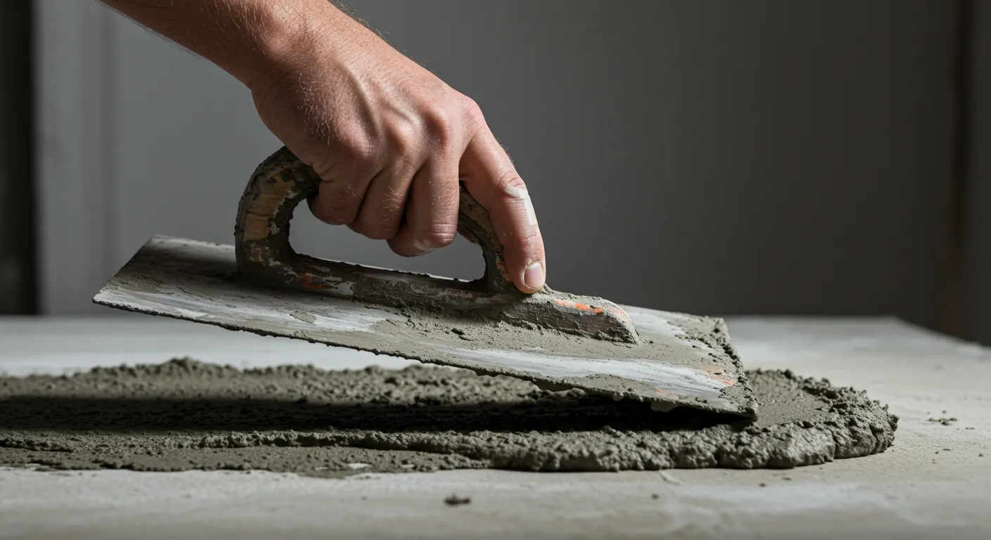 Human Hand Holding a Worn Trowel Applying Grey Cement Onto a Slab Human Hand Holding a Worn Trowel Applying Grey Cement Onto a Slab