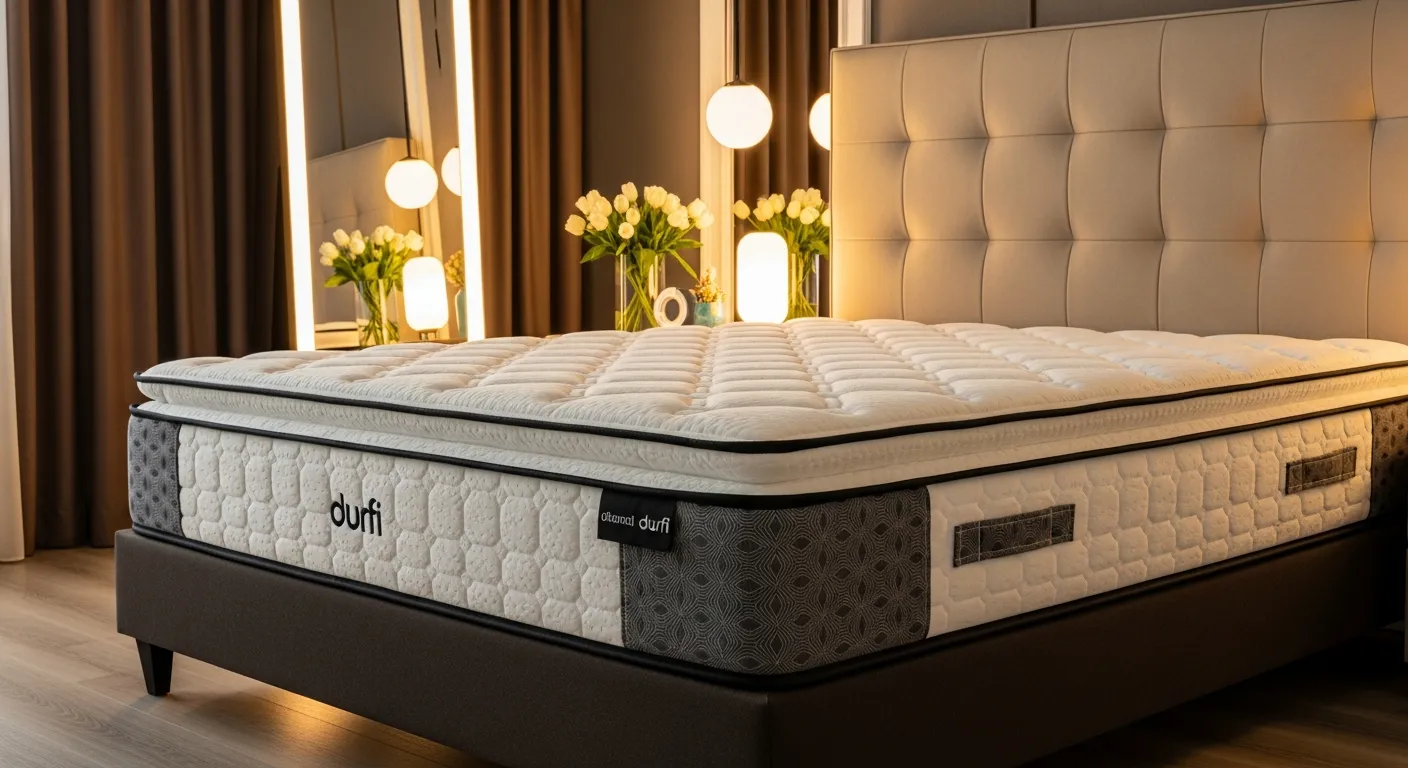 A Modern Bed Featuring a White Textured Mattress With Black Piping and a Grey Patterned Sideband