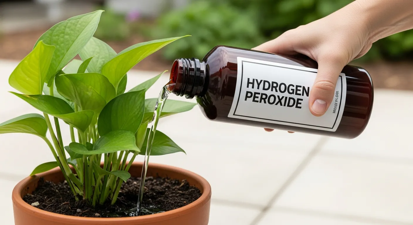 A Person Holding and Pouring the 'Hydrogen Peroxide' Into the Dark, Rich Soil of a Lush, Vibrant Green Potted Plant