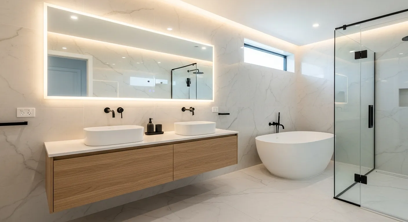 A Floating Double Vanity With White Vessel Sinks and Black Wall-mounted Faucets, a Large Backlit Mirror