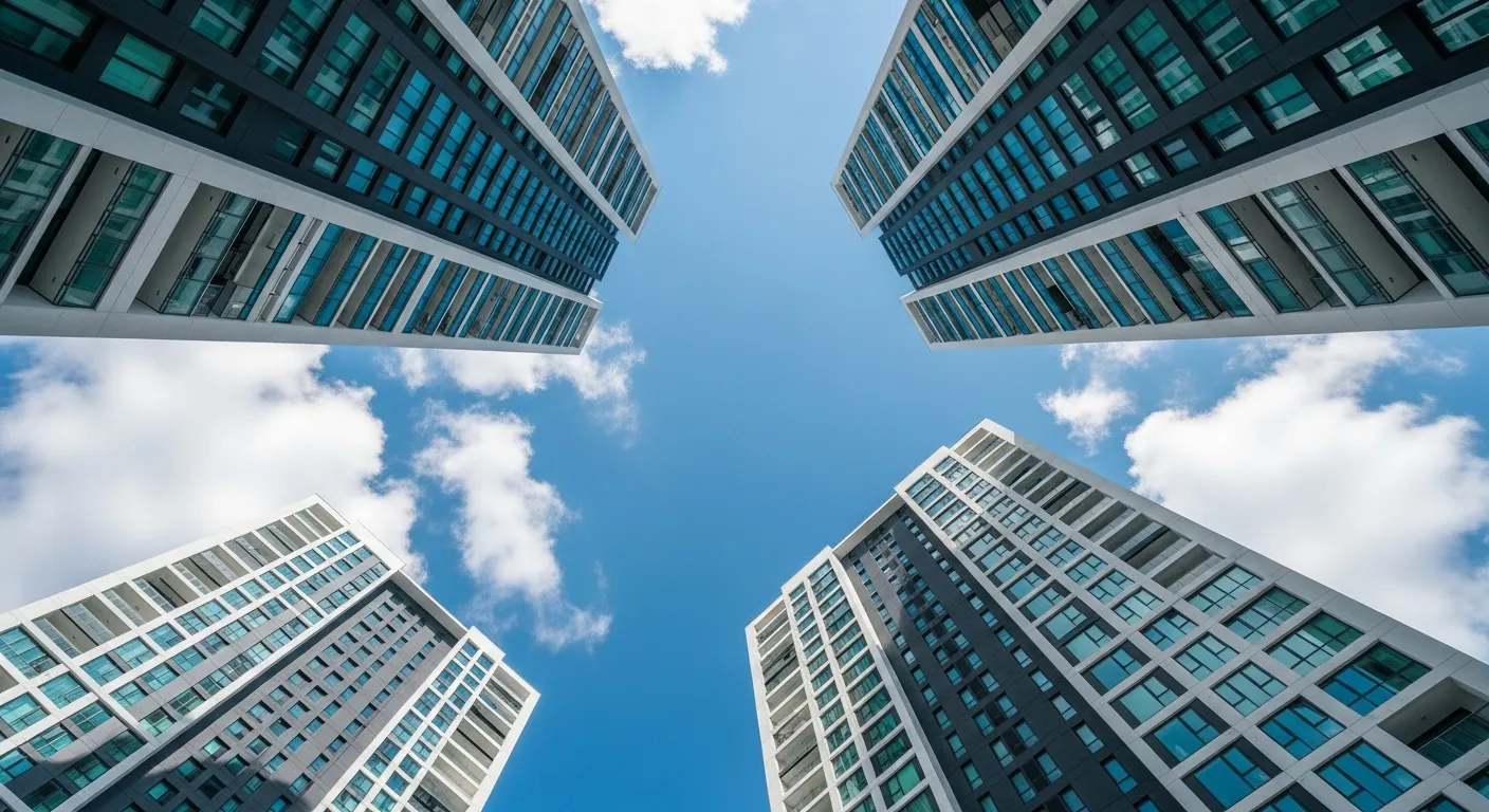 Image Features Four Imposing, Sleek, Modern High-rise Apartment Buildings