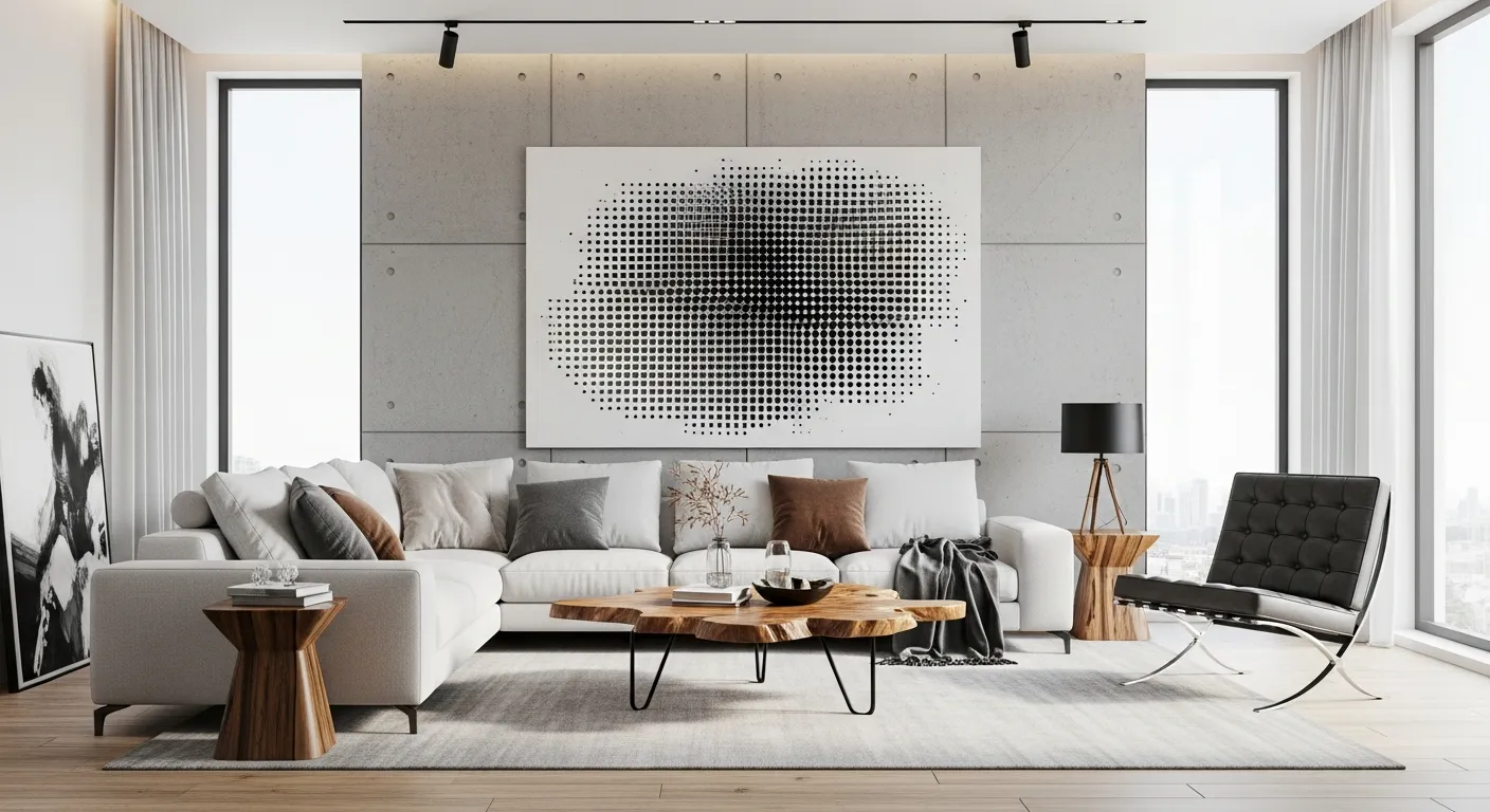 A Large White Sectional Sofa With Grey and Brown Pillows, a Live-edge Wooden Coffee Table