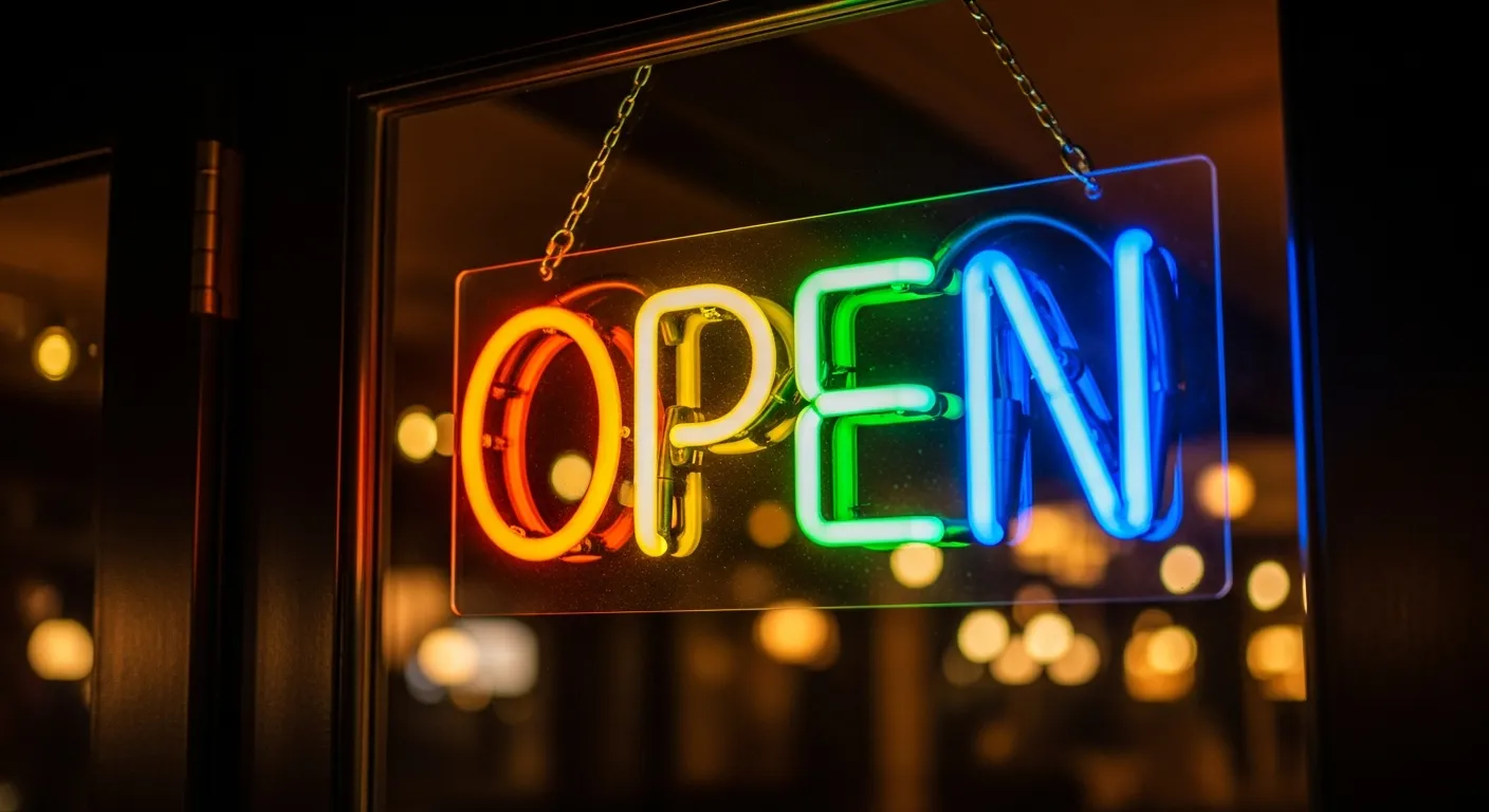 A Glowing, Rainbow-colored Neon "Open" Sign Hanging Inside a Dark-framed Glass Door