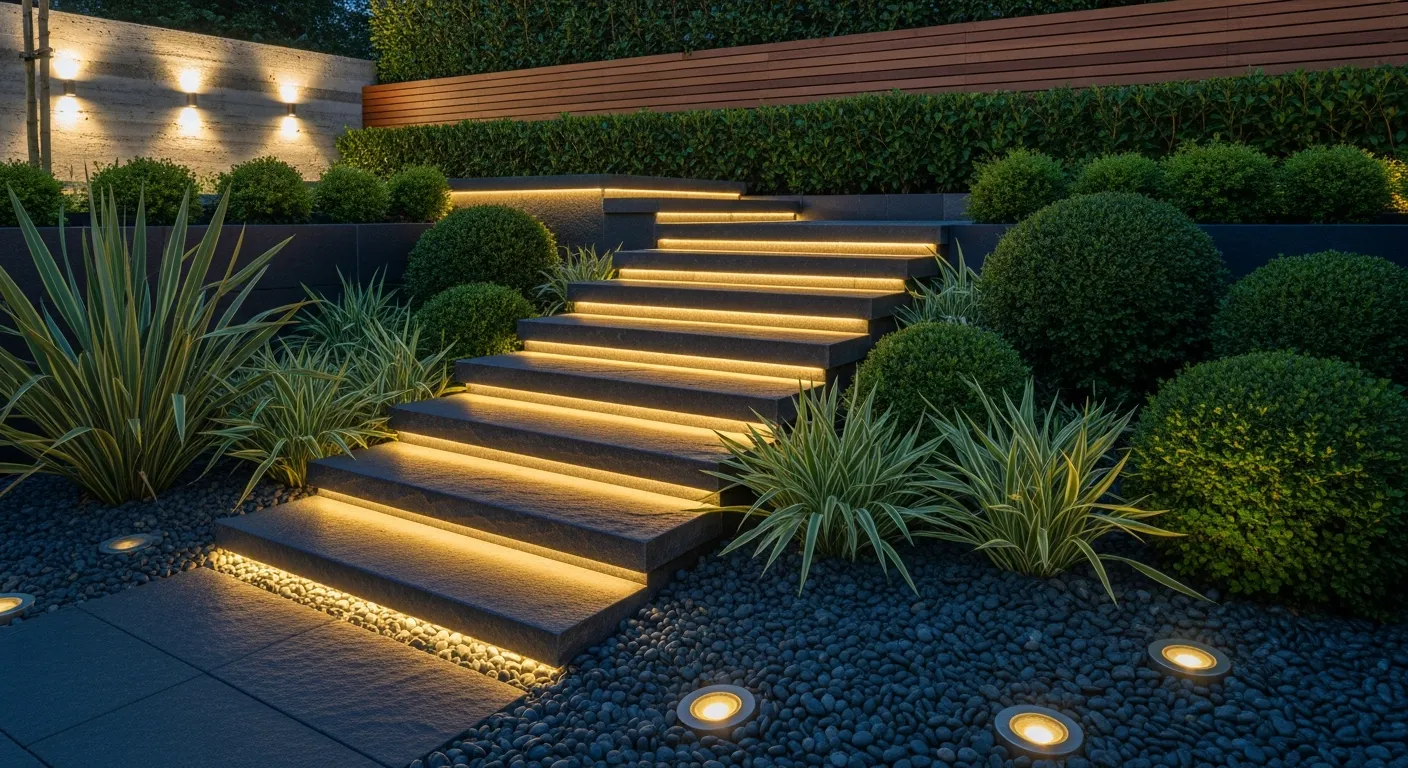 The Dark, Textured Stone Steps Are Illuminated by Warm Integrated LED Strips Beneath Each Tread
