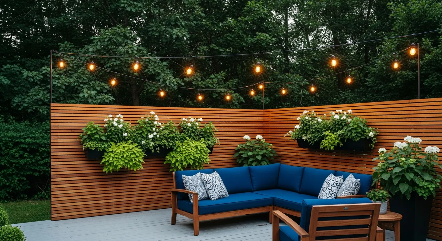A Cozy Outdoor Patio With a Warm-toned Wooden Slat Privacy Screen, Adorned With Lush Wall Planters