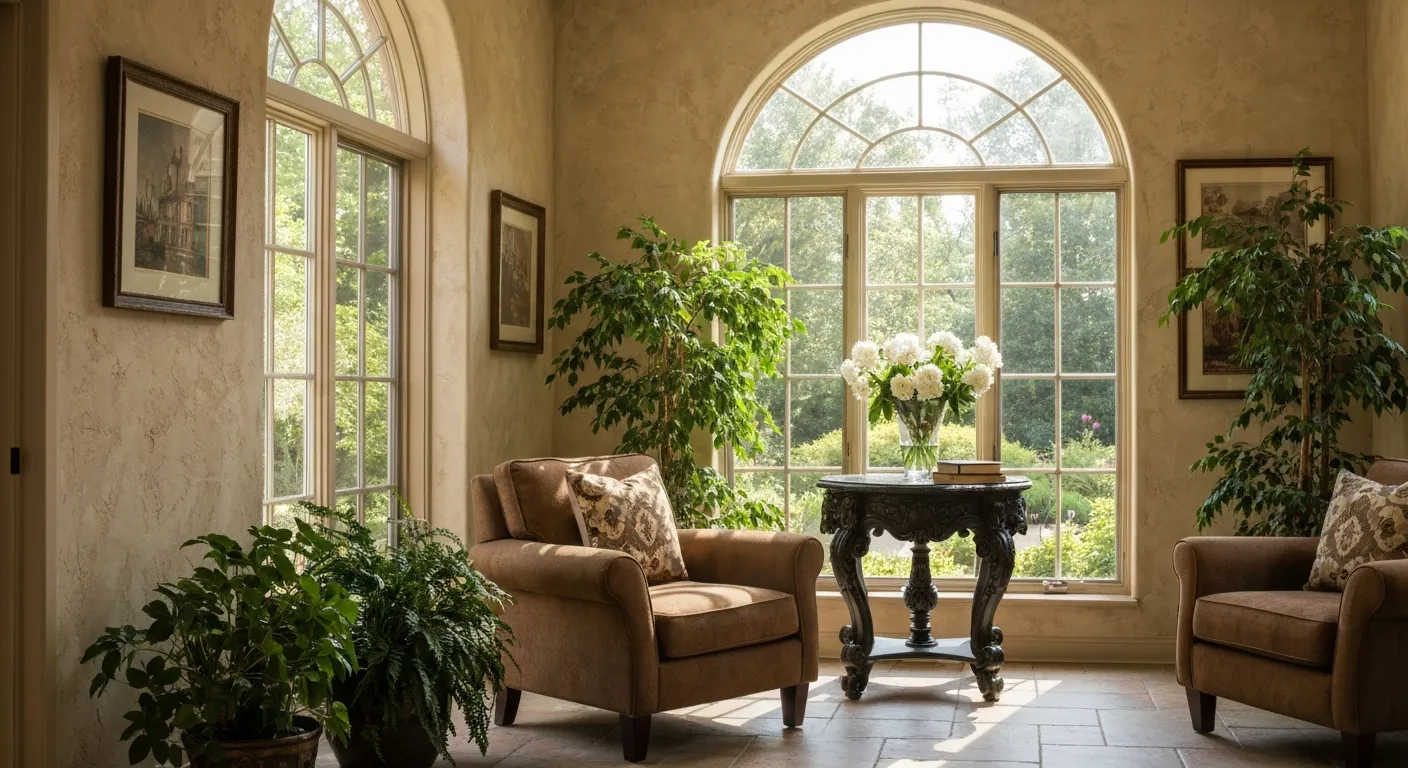 Two Cozy Brown Armchairs With Patterned Pillows, Dark Ornate Side Table, Bright Arched Windows